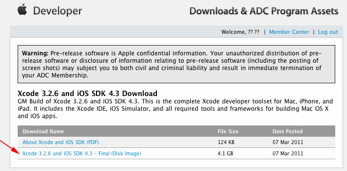 Xcode 3.2.6 and iOS SDK 4.3 - Final (Disk Image)をクリック